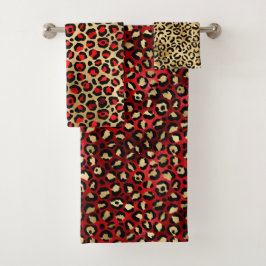 Stylish Red and Gold Foil Leopard Spots Badhandtuch Set