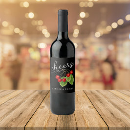 Stylish Red Black Cheers Cherries Modern Script Weinetikett