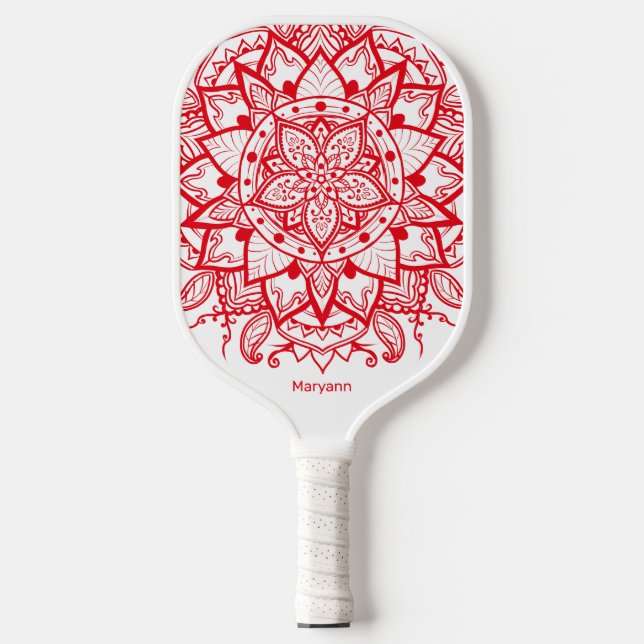Stylish Red Mandala Blume Boho Name & Initials Pickleball Schläger (Vorderseite)
