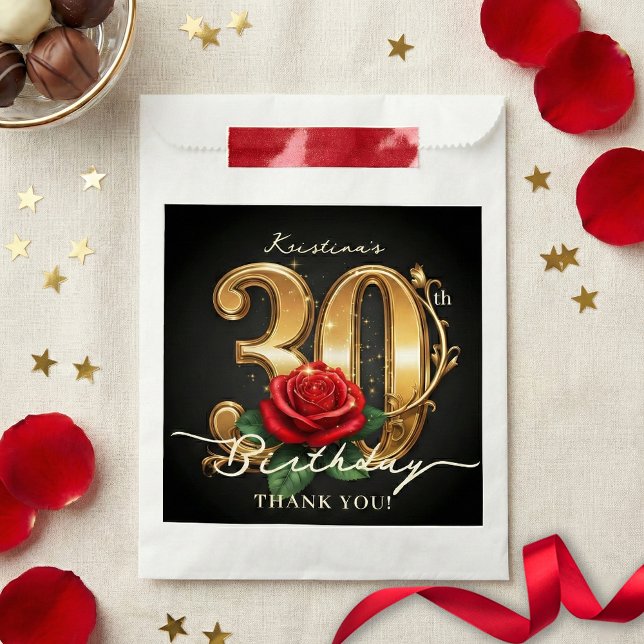 Stylish Red Rose Black Gold Glitter 30th Birthday Geschenktütchen (Von Creator hochgeladen)