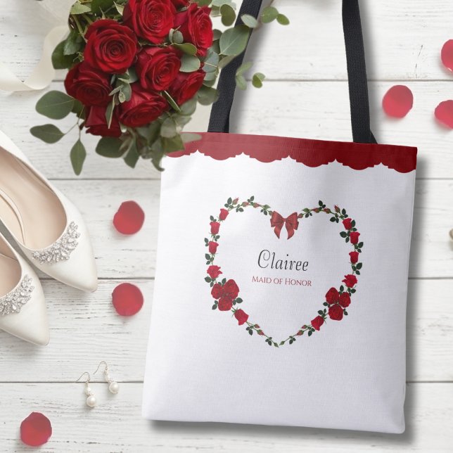 Stylish Red Rose Maid of Honor Gift Tasche (Honor your right-hand woman with this elegant red rose heart gift tote.)
