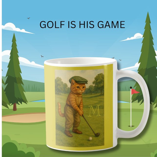Stylish Retro Cat Playing Golf Custom Monogram  Kaffeetasse (Von Creator hochgeladen)