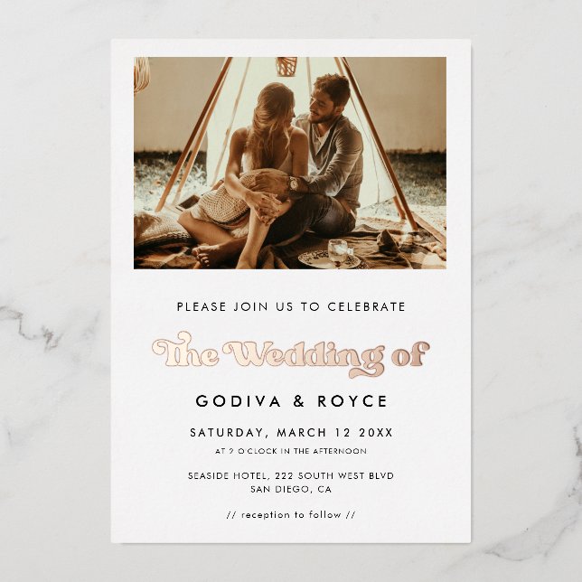 Stylish Retro Wedding Photo Folieneinladung (Vorderseite)