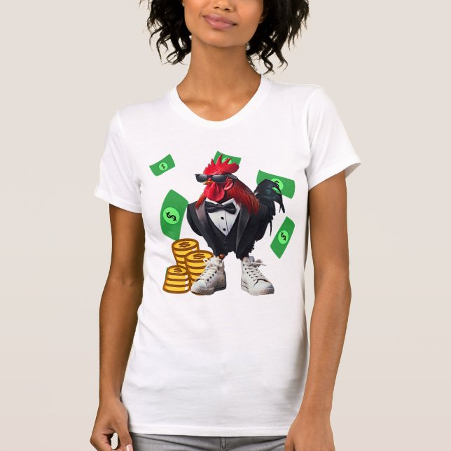 Stylish Rooster with Money and Sunglasses T-Shirt (Vorderseite)