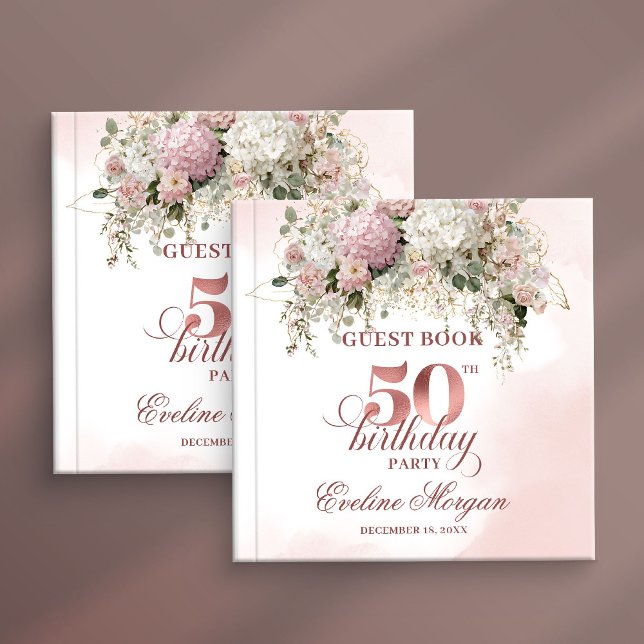 Stylish Rose Gold Blush Flowers 50th Birthday  Gästebuch (Stylish Rose Gold Blush Flowers 50th Birthday Party Guest Book

)