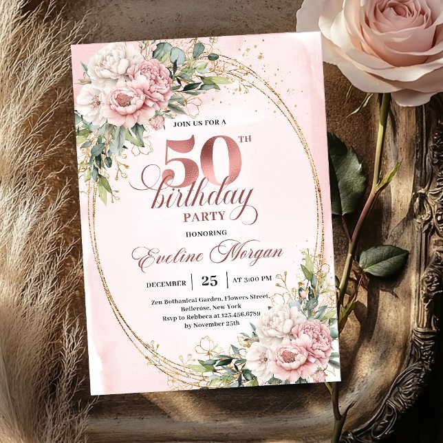 Stylish Rose Gold Floral 50th Birthday Party   Einladung (Stylish Rose Gold Floral 50th Birthday Party Invite)