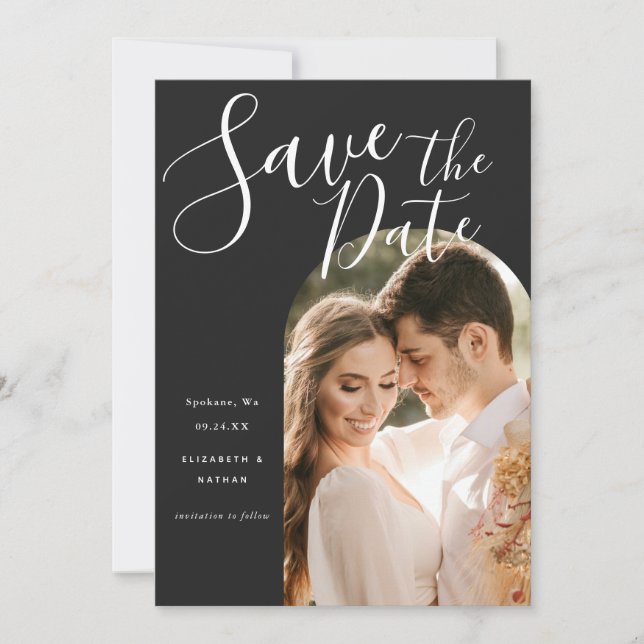 Stylish Script Arch Frame Photo  Save The Date (Vorderseite)