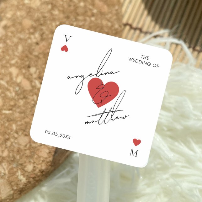 Stylish Script Playing Card Casino Vegas Wedding Quadratischer Aufkleber (Von Creator hochgeladen)