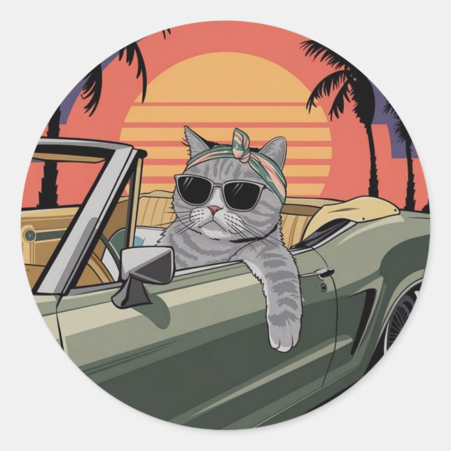 Stylish Sunset Cat Runder Aufkleber (Vorderseite)
