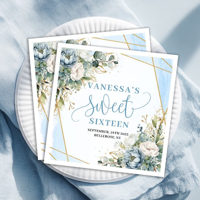 Stylish Sweet 16th Blue Floral Greenery Napkins Serviette (Stylish Sweet 16th Blue Floral Greenery Napkins)