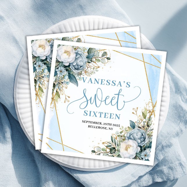 Stylish Sweet Sixteen Dusty Blue Greenery Party   Serviette (Stylish Sweet Sixteen Dusty Blue Greenery Party Paper Dinner Napkins )