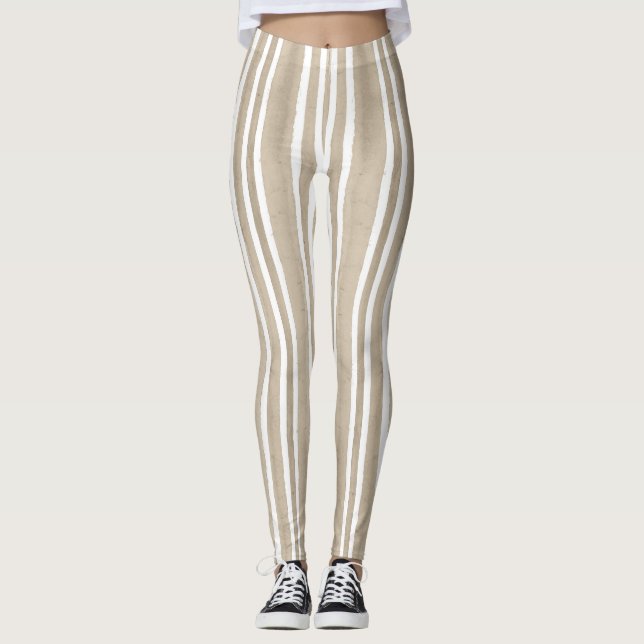Stylish Taupe Hand Painted Striped Yoga Exercise Leggings (Vorderseite)