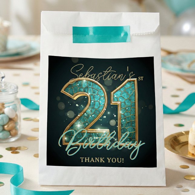 Stylish Teal Gold Mosaic Geometric 21st Birthday Geschenktütchen (Von Creator hochgeladen)