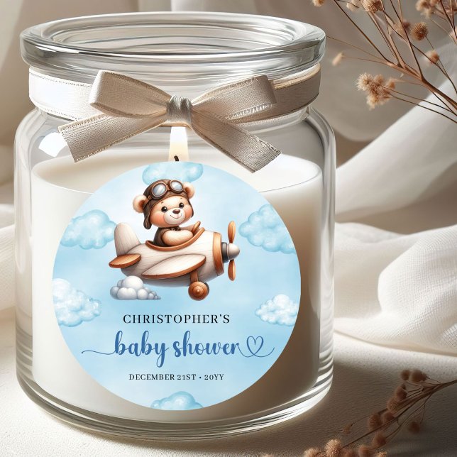Stylish Teddy Bear Pilot Airplane Blue Brown Baby  Runder Aufkleber (Stylish Teddy Bear Pilot Airplane Blue Brown Baby Shower Sticker

)