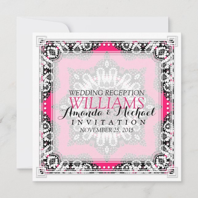 Stylish Tribal Hot Pink+Black Wedding Invitations (Devant)