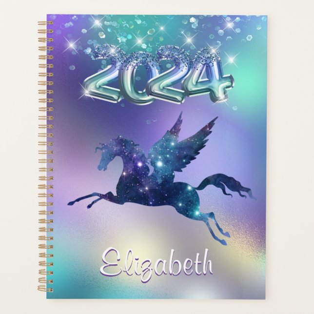 Stylish Türkis Rainbow Unicorn Glitzer 2024 Planer (Vorderseite)