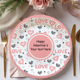 Stylish Valentine Pink Black Heart Art Paper Plate Pappteller