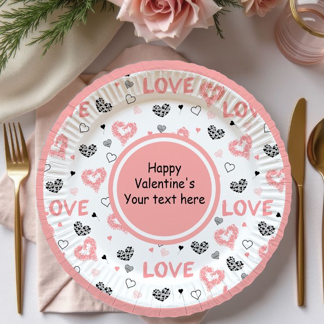 Stylish Valentine Pink Black Heart Art Paper Plate Pappteller (Stylish Valentine Pink Black Heart Art Paper Plates)
