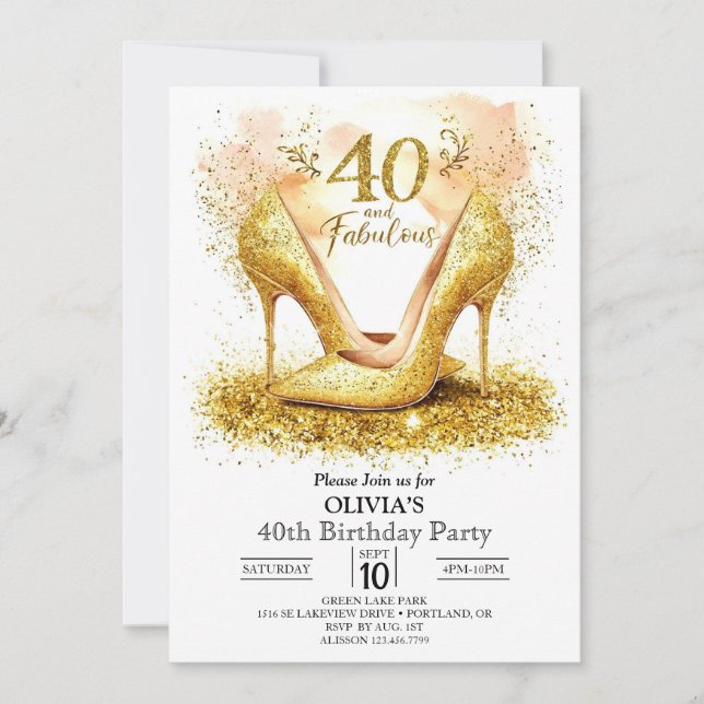 Stylish Whimsical Digital Gold 40. Geburtstag Einladung (Vorderseite)
