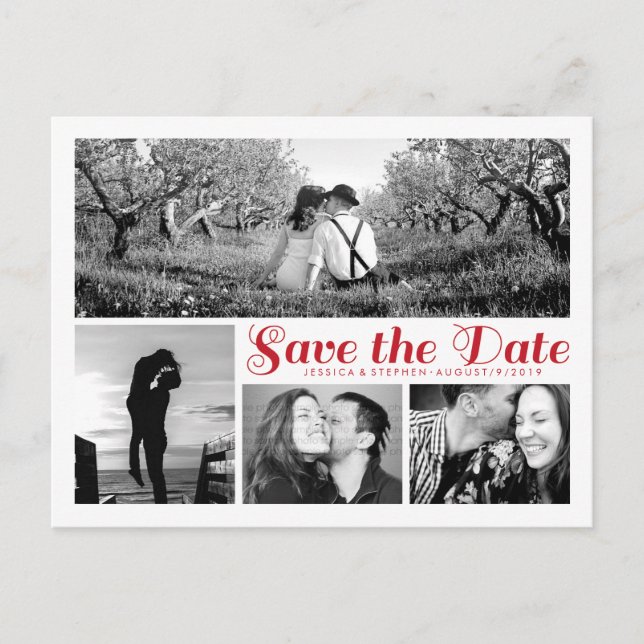 Stylish White Save the Date Collage Postcard Red Ankündigungspostkarte (Vorderseite)