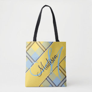 Stylish Yellow Blue Kariert Tartan Name hinzufüg Tasche