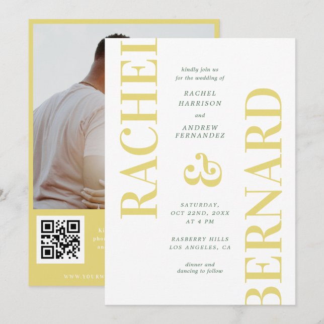 Stylish Yellow & Green Typography QR Code Wedding Einladung (Vorne/Hinten)