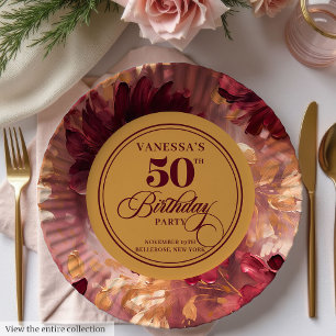 Stylishes Boho Merlot Roségold zum 50. Geburtstag Pappteller