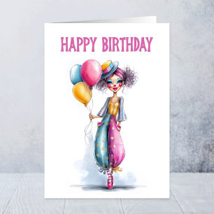 Stylishes Clown-Mädchen mit Luftballons zum Geburt Karte