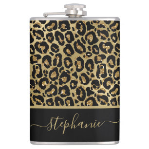 Stylishes goldenes Glitter-Leopard-Tierdruck-Monog Flachmann