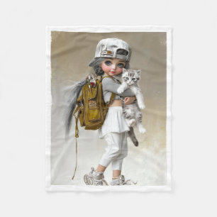 Stylishes Mädchen mit Kätzchen und Rucksack Fleece