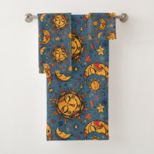 Stylisierte Hand Drawn Boho Sun Moon Stars Blue