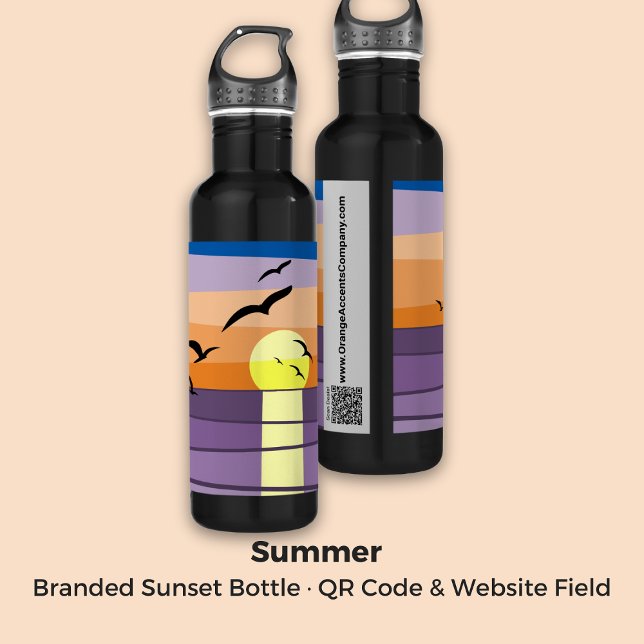 Stylisierte Sunset-Marke ・ QR Code & Website Field Edelstahlflasche (Branded Stylized Sunset · QR Code & Website Field Stainless Steel Water Bottle)