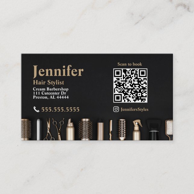 Stylist Black Gold Carte de visite avec code QR (Devant)