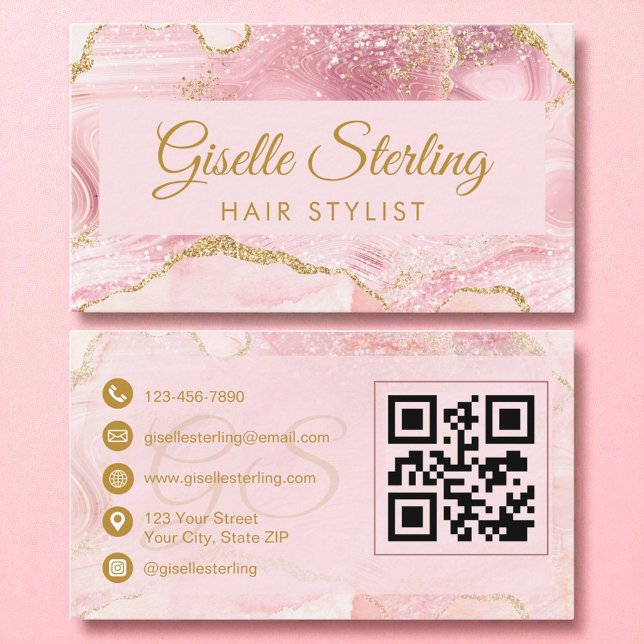 Stylist Blush Pink Gold Agate QR Code Visitenkarte (Von Creator hochgeladen)