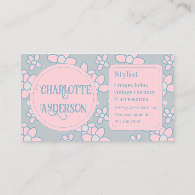 Stylist Boho Retro Floral Business Card Visitenkarte (Rückseite)