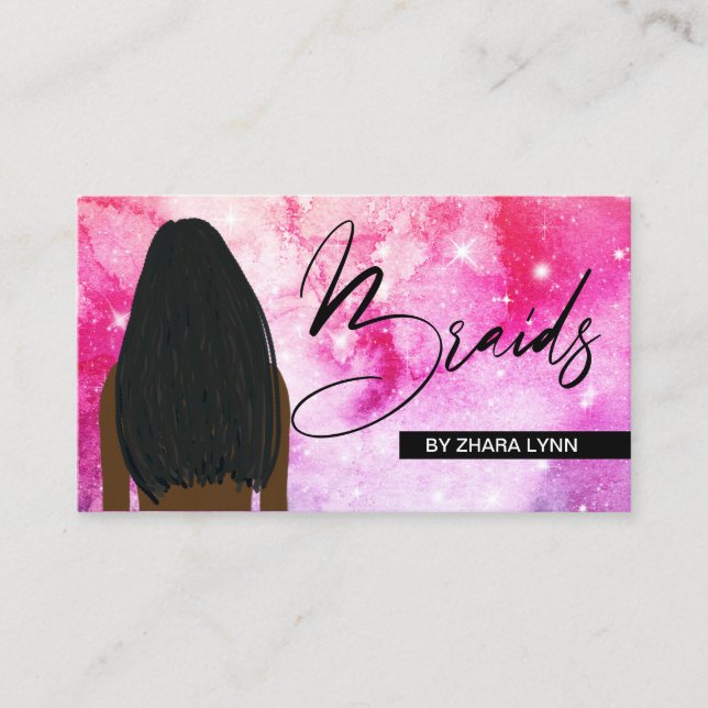 Stylist Braider Salon Braids Pink Aquarellon Visitenkarte (Vorderseite)