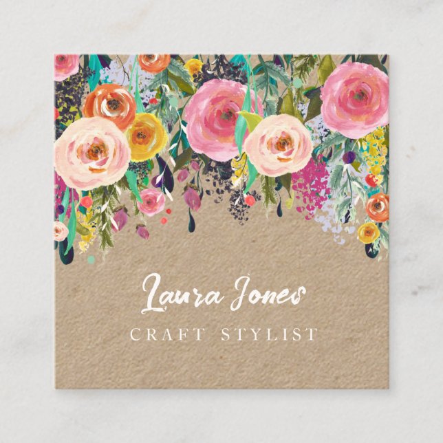Stylist für den bemalten, floralen Kraft-Platz Terminkarte (Vorderseite)