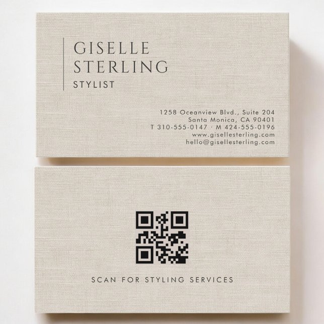Stylist Luxury Neutral Linen QR Code Visitenkarte (Von Creator hochgeladen)