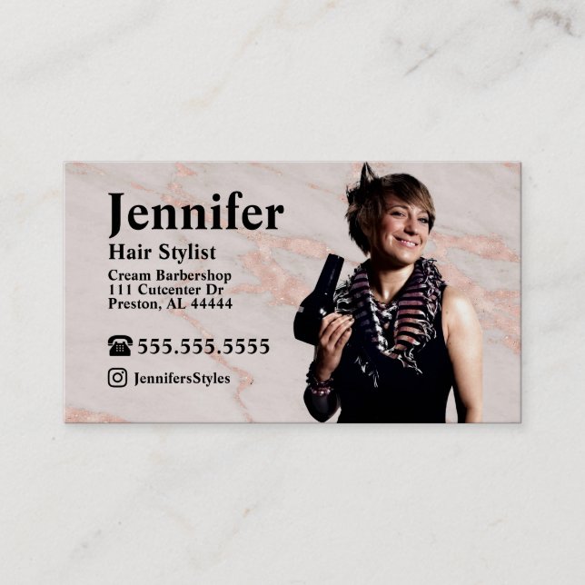 Stylist Marble Foto Business Card mit QR Code Visitenkarte (Vorderseite)