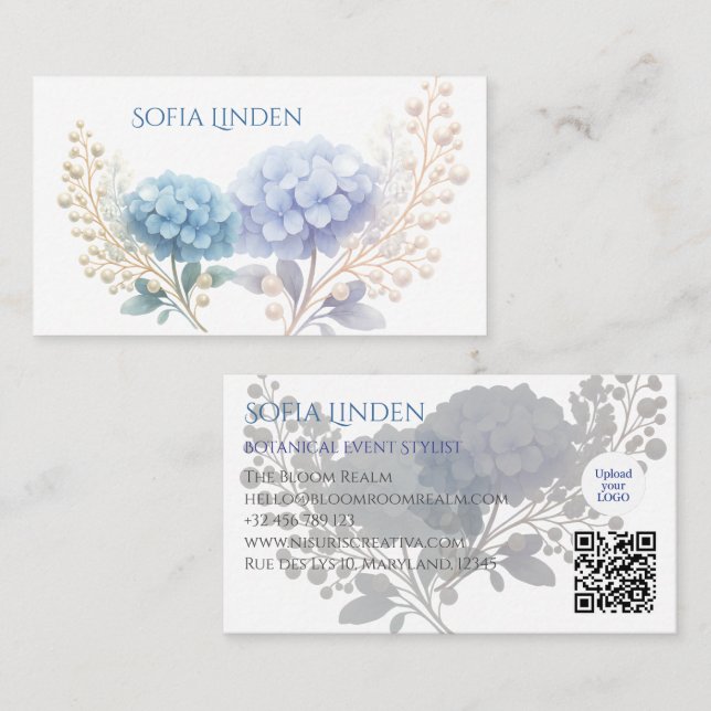 Stylist Powder Blue Hydrangea Wasserfarbe Visitenkarte (Vorne/Hinten)