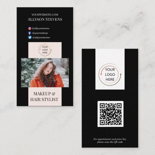 Stylist QR Code für moderne Blush & Black Makeup Visitenkarte (Vorne/Hinten)