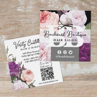 Stylist QR-Code für Schwarzweißblumenhaarsalon Quadratische Visitenkarte