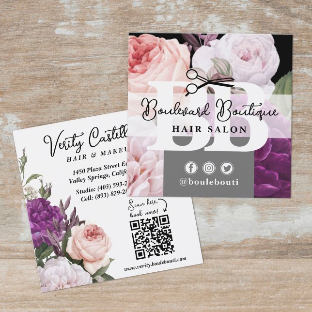 Stylist QR-Code für Schwarzweißblumenhaarsalon Quadratische Visitenkarte (Von Creator hochgeladen)