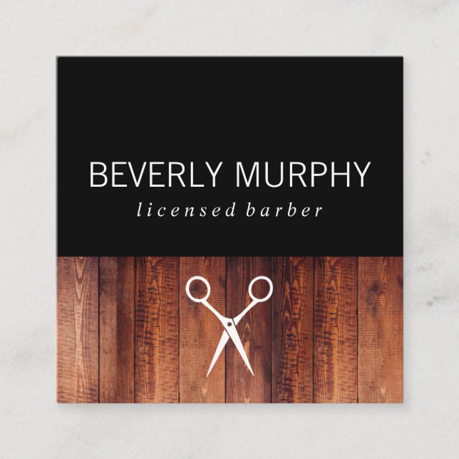Stylist Rustic Wood Shears Logo Quadratische Visitenkarte (Vorderseite)