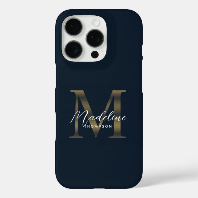 Stylist Script Metallic Navy Blue Gold Monogram iPhone 16 Pro Hülle (Rückseite)