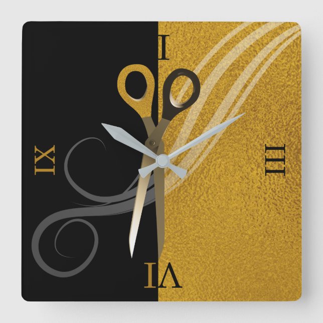 Stylistin Gold & Black Scheren | Friseursalon Quadratische Wanduhr (Vorderseite)