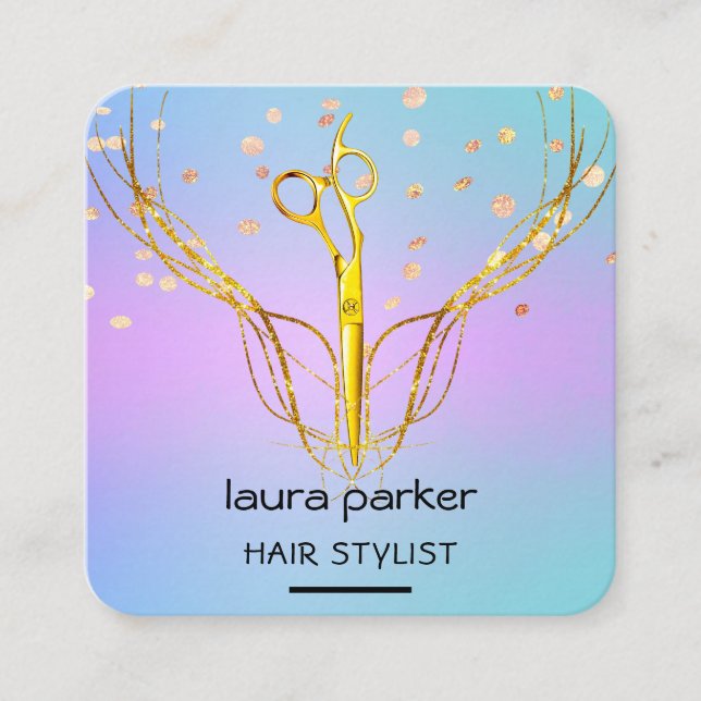 Stylistische Goldschere Lila Elegante Salon Quadratische Visitenkarte (Vorderseite)