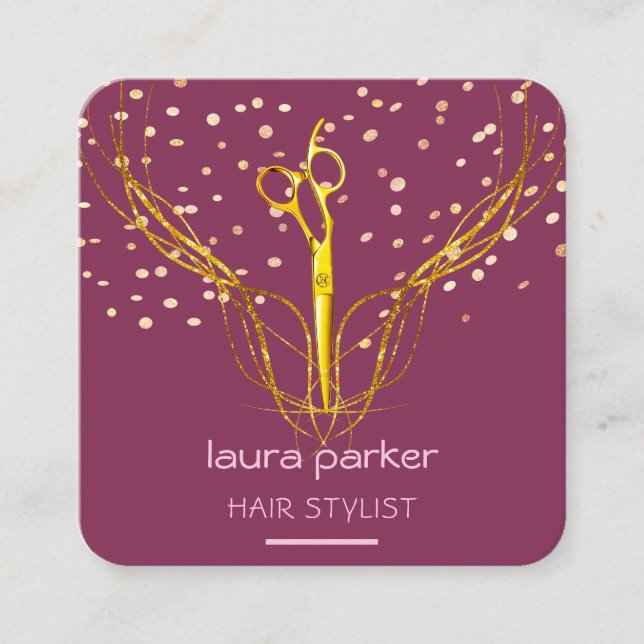 Stylistische Goldschere Rosa Rosa Salon Quadratische Visitenkarte (Vorderseite)