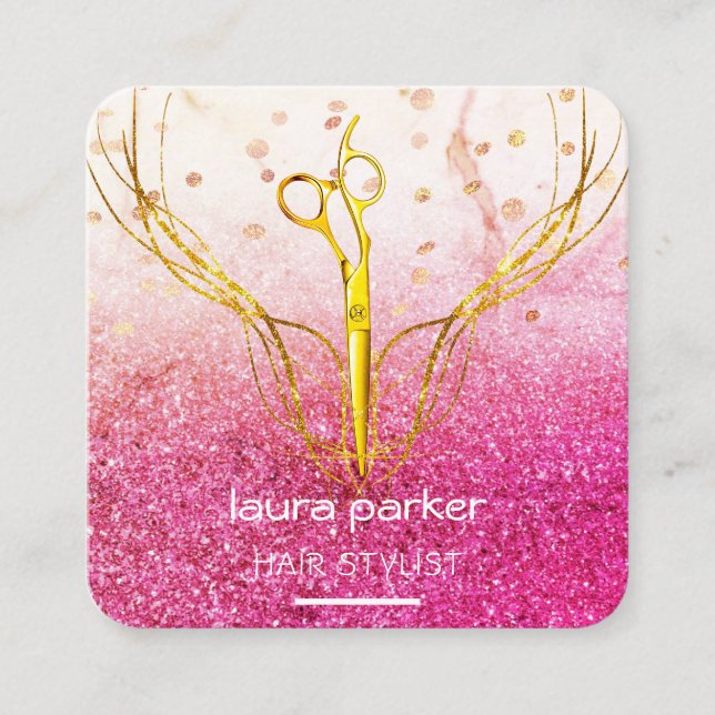 Stylistische Goldschere Rosa Rosa Salon Quadratische Visitenkarte (Vorderseite)