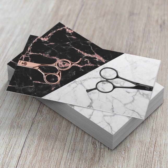 Stylistische Rose Gold Schere Schwarz-weißer Marmo Visitenkarte (Von Creator hochgeladen)